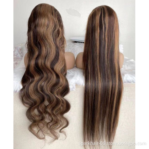 SPARK Blonde 30 Inch Long Straight Brown 13X4 Transparent Lace Highlighted Human Hair Wigs 10a Highlight Body Wave Hair Full Wig